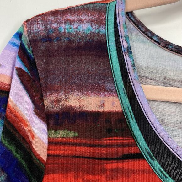 Cupio Mesh Trim Tunic Top size XL Scoop neck Colorful Artsy Stripes Pullove - Picture 8 of 12